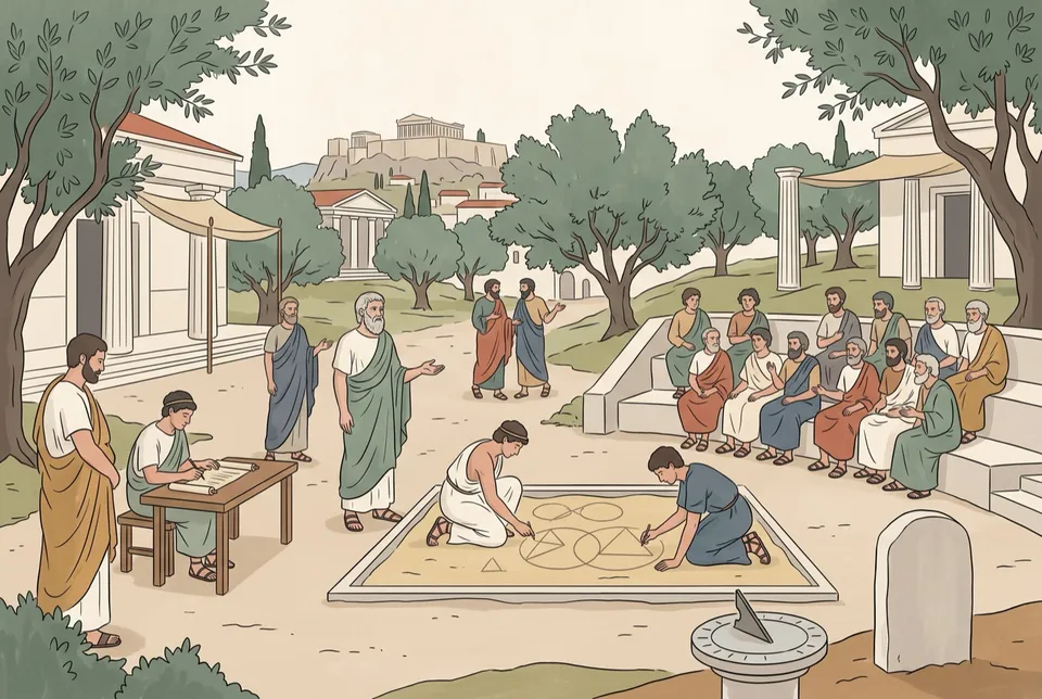 La Academia en funcionamiento: discípulos trazando geometría en la arena, un copista y un grupo sentado en gradas de piedra