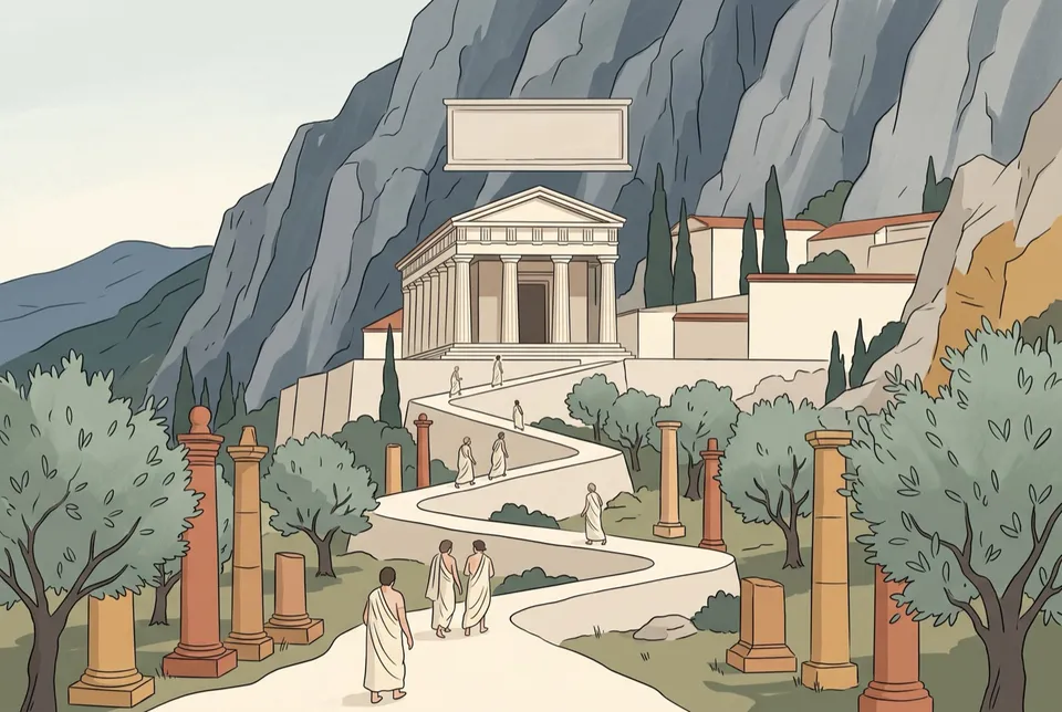 Peregrinos ascendiendo por la vía sacra hacia el templo de Apolo en Delfos, al pie del monte Parnaso