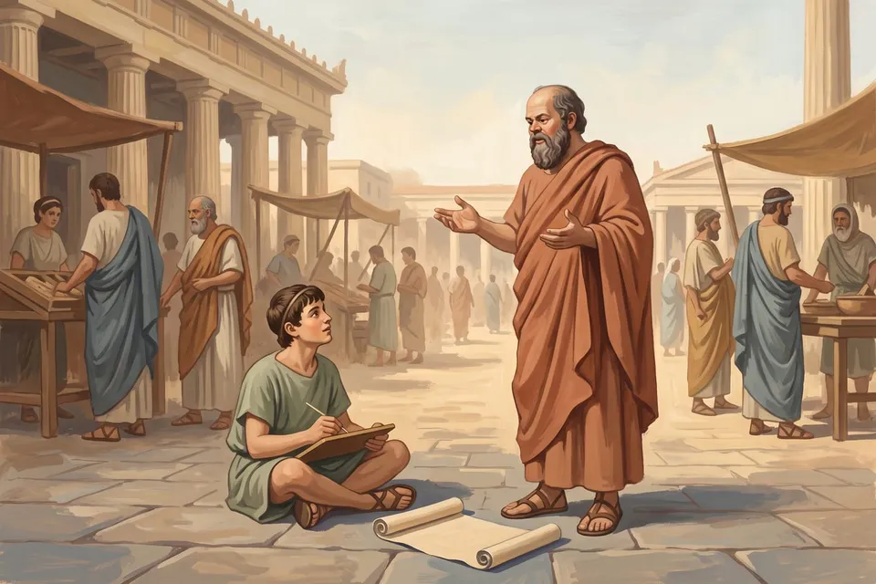 Classical illustration of Socrates speaking while a young scribe holds an unused stylus over a wax tablet