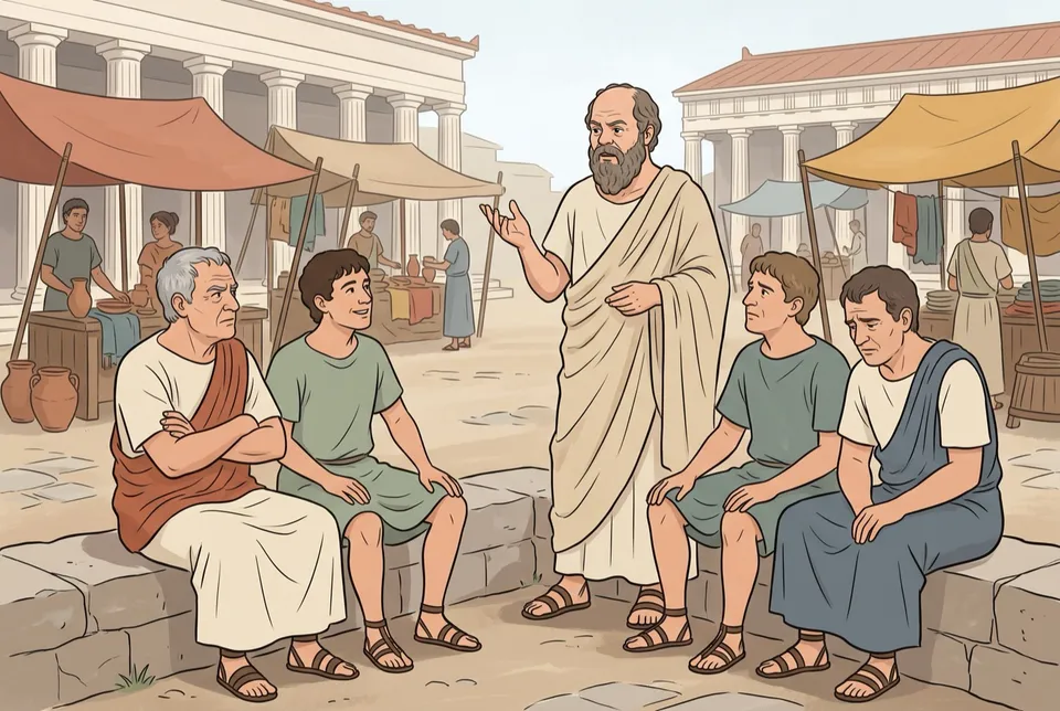 Sócrates conversando con ciudadanos atenienses en el ágora, ilustración de estilo neoclásico