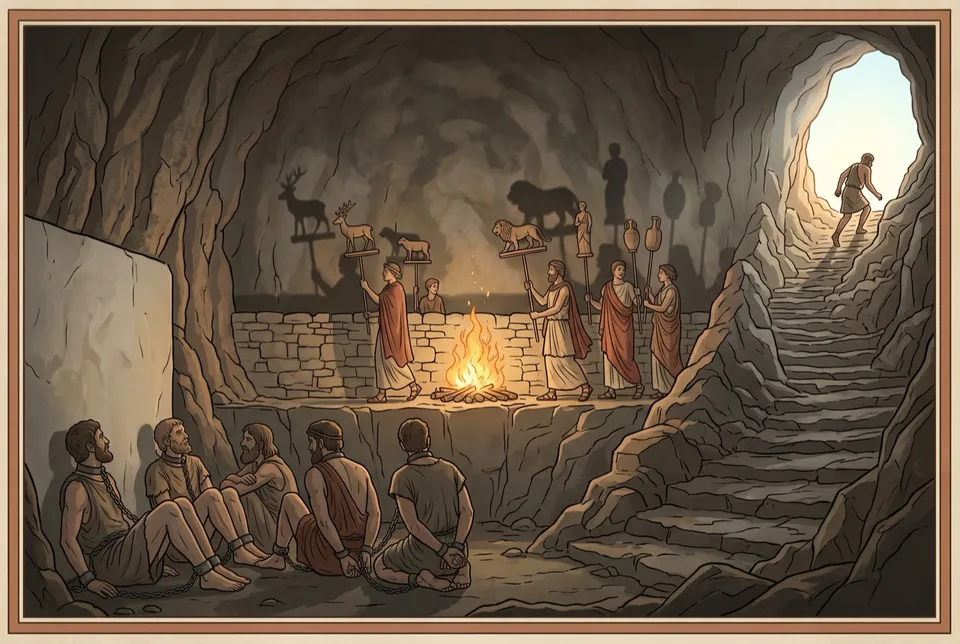 Illustration of chained prisoners watching shadows on a cave wall, with a fire and figures carrying statues behind them and a steep path up to sunlight