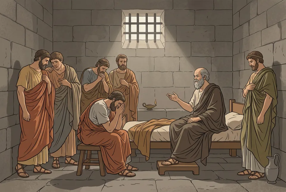 Illustration of an old Socrates seated calmly on a bed in a stone prison cell, talking to a circle of grieving friends