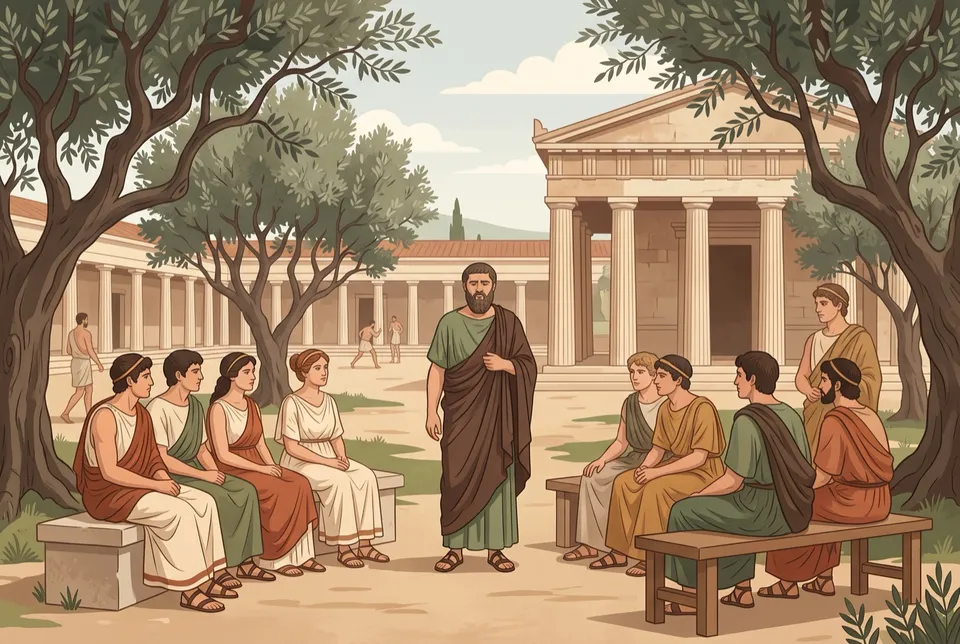 Illustration of a bearded Plato teaching students seated on benches in an olive grove beside a temple