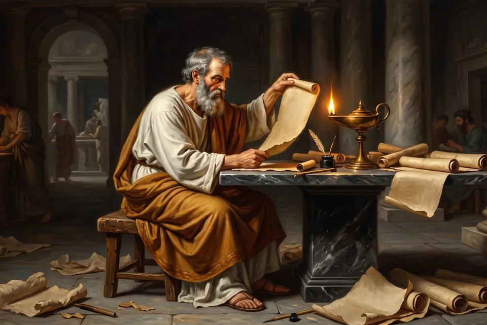 Classical painting of an elderly philosopher holding a papyrus scroll up to lamplight, checking it against others spread across a marble table