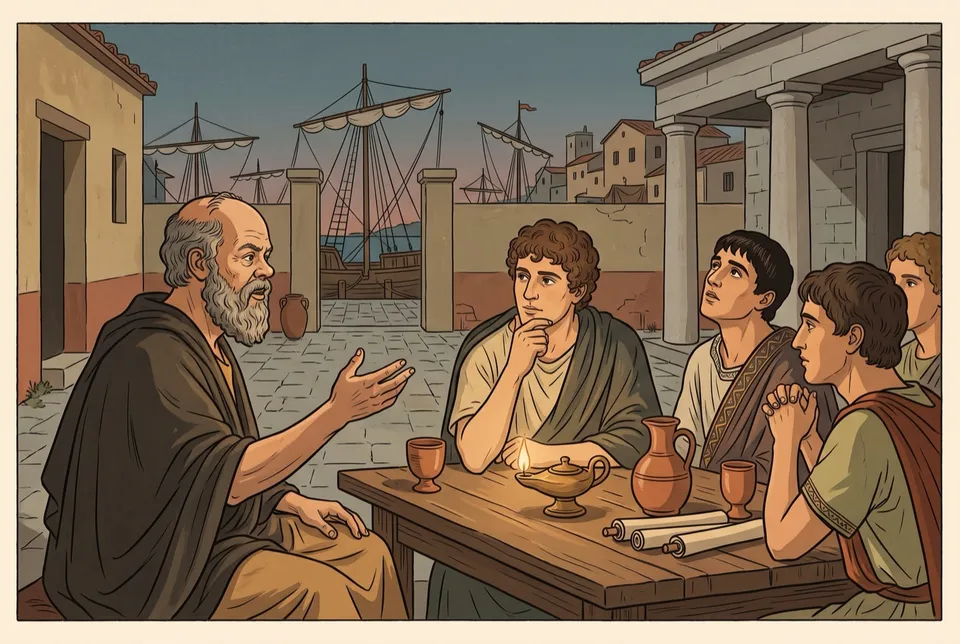 Illustration of Socrates talking with young Athenians around a lamplit table in a Piraeus courtyard, ships' masts beyond