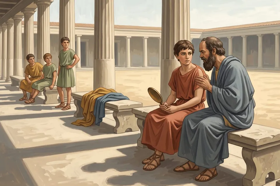 Classical illustration of Socrates in quiet conversation with the youth Charmides in a palaestra colonnade