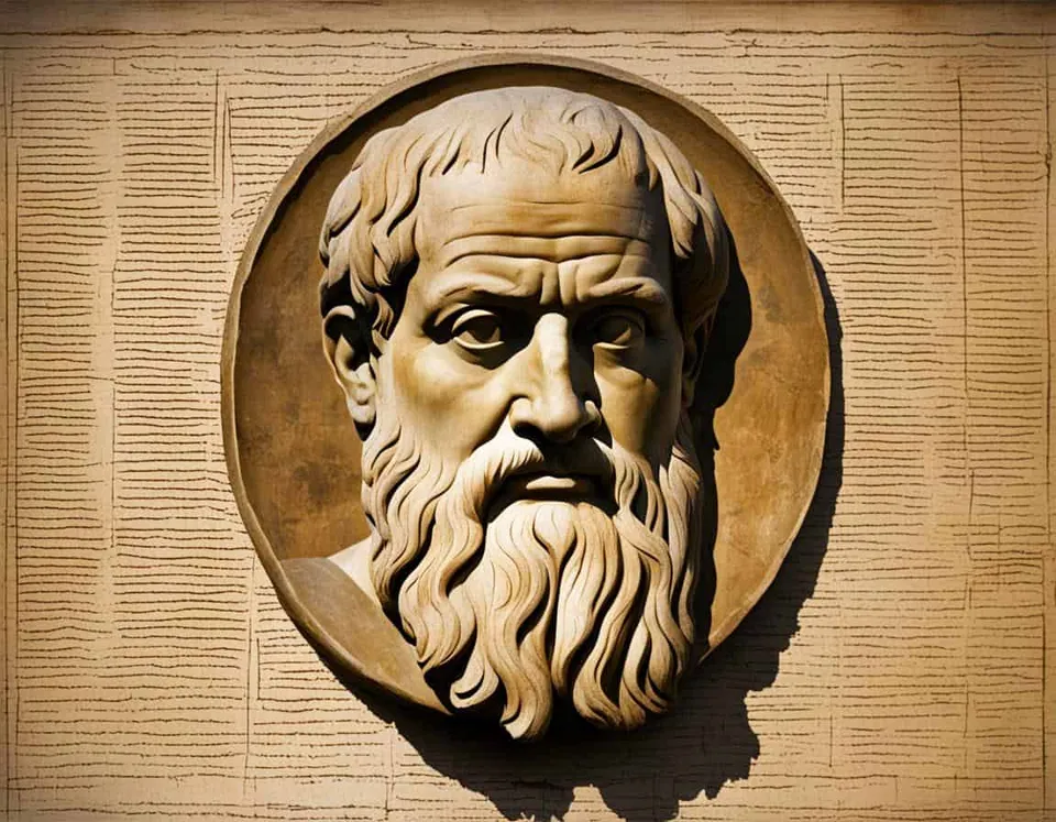 Ancient philosophical artwork depicting ancient Greek philosophy and the teachings of Plato