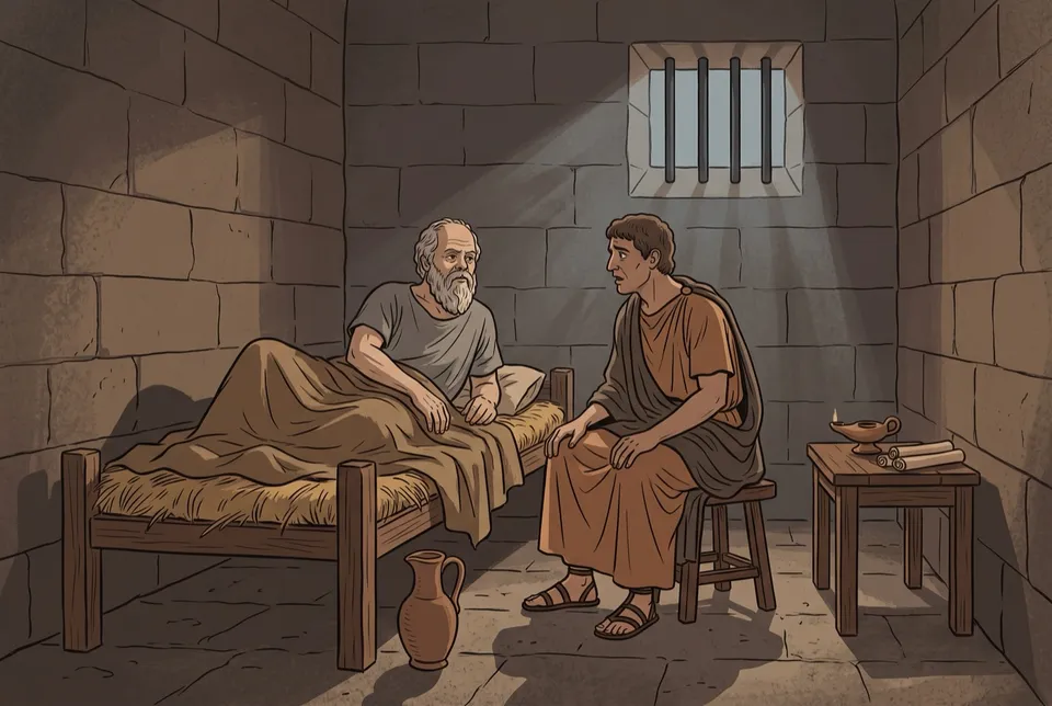 Illustration of Socrates waking on a straw bed in a stone prison cell while his friend Crito sits beside him in the dawn light