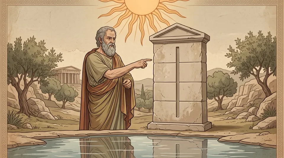 Illustration of a philosopher pointing at a stone tablet carved with a divided vertical line, a pool below and a bright sun above