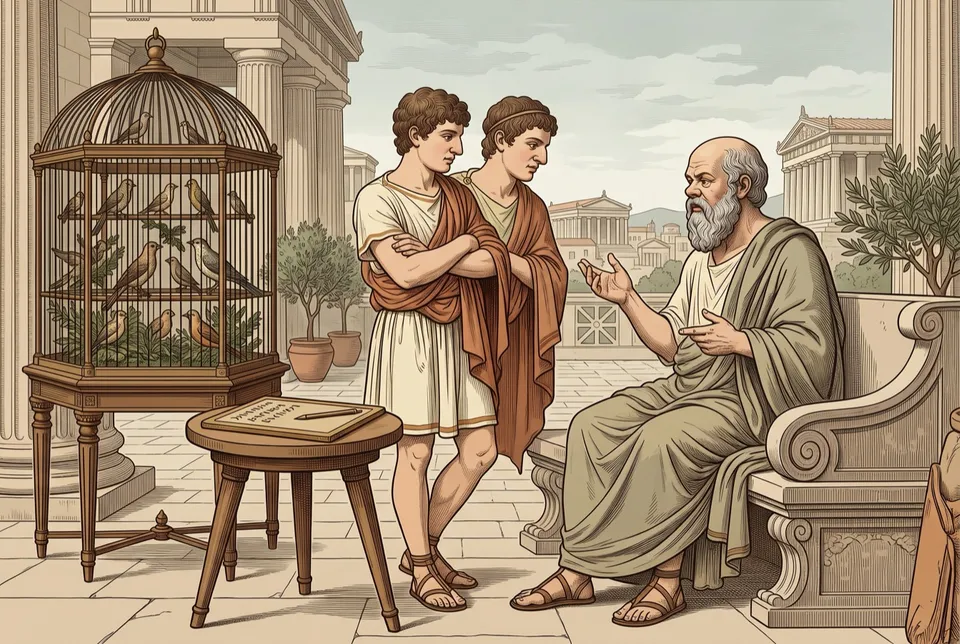 Illustration of an old Socrates talking with two young men beside a birdcage full of birds and a wax writing tablet