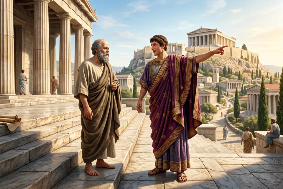 Illustration of Socrates on temple steps listening to a confident young man in purple robes who points towards the Acropolis