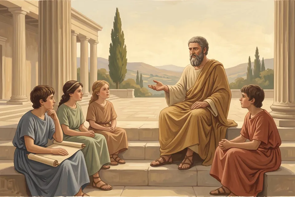 Classical illustration of Plato explaining his central ideas to newcomers on the steps of a colonnade
