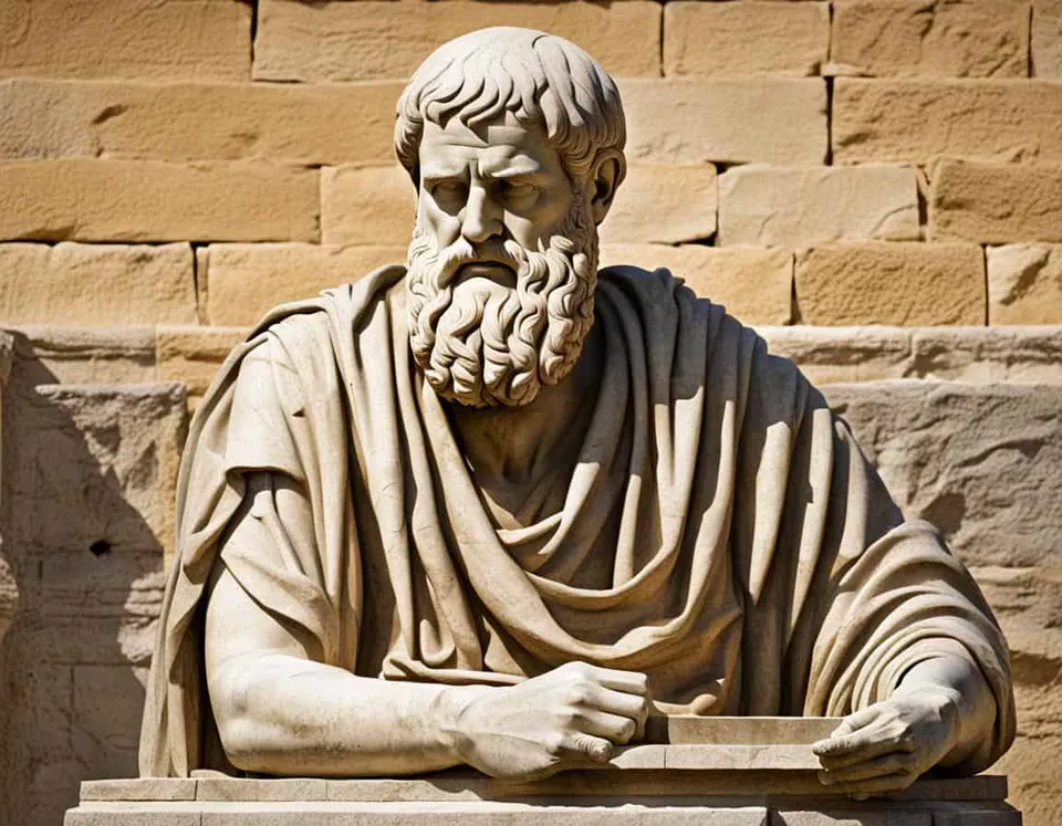Ancient marble sculpture representing Plato's Travel and Exposure to Different Philosophies