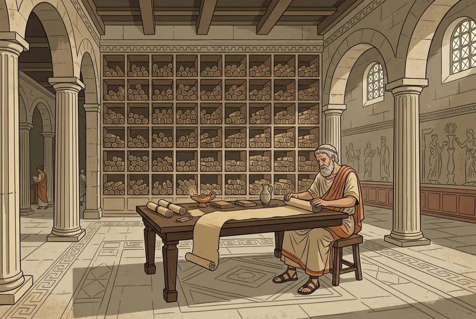 Illustration of an old scholar unrolling a long scroll at a table in an ancient library lined with pigeonholes of scrolls