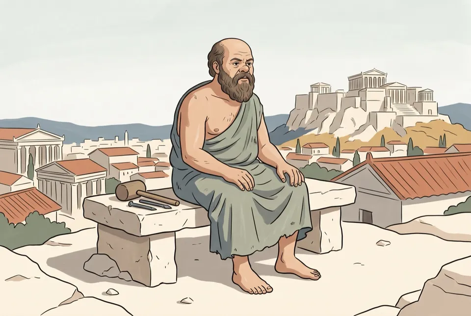 Sócrates sentado en un banco de piedra junto a un mazo y un cincel de cantero, con la Acrópolis al fondo