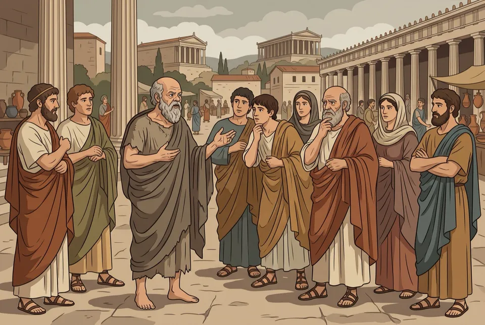 Illustration of an old, barefoot Socrates talking to a gathered crowd of men and women in the Athenian agora