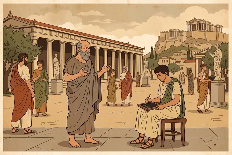 Illustration of a barefoot Socrates speaking in the Athenian agora while a young man writes on a tablet, the Acropolis behind