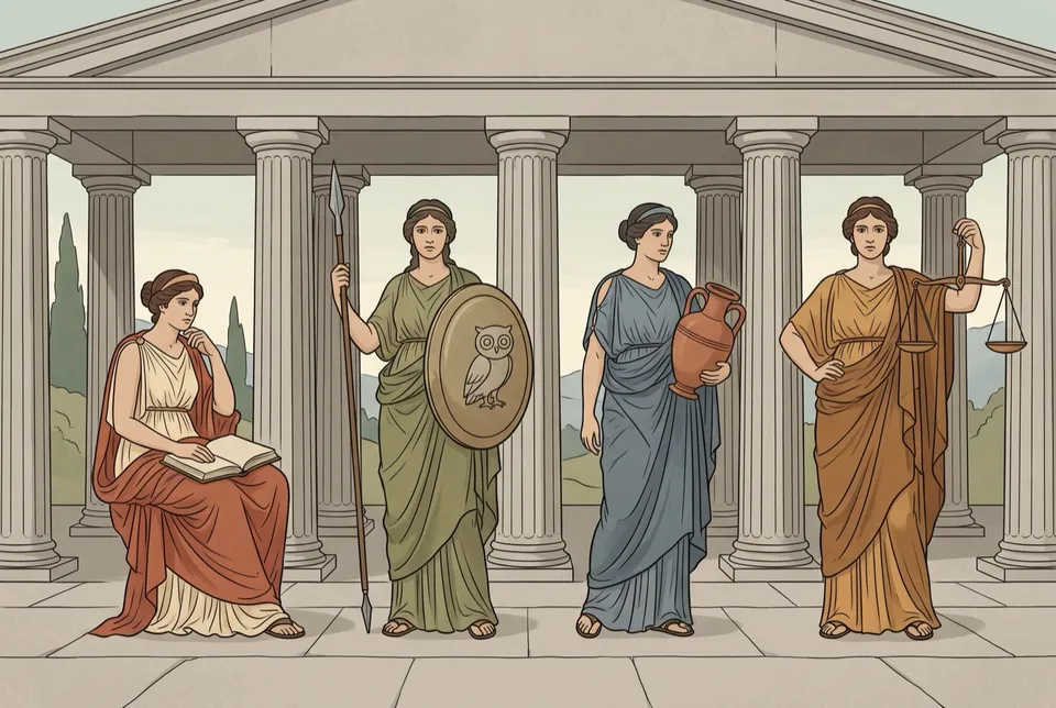 Illustration of four robed women in a classical portico holding a book, a spear and owl shield, a water jar and a pair of scales