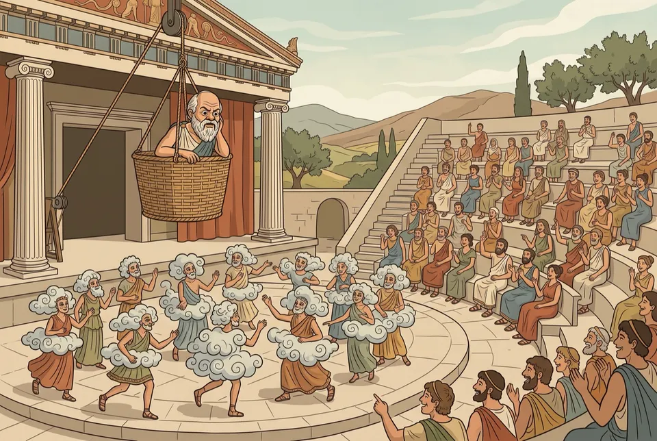 Illustration of an actor as Socrates hanging in a basket above a Greek stage while a chorus in cloud costumes dances and the audience laughs