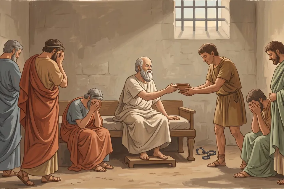 Classical painting of Socrates calmly taking the cup of hemlock in his prison cell as his companions grieve