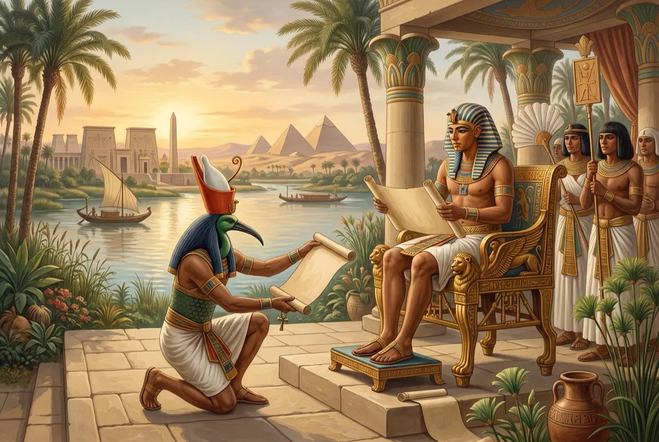 Illustration of an ibis-headed Egyptian god kneeling to offer a scroll to a pharaoh on his throne beside the Nile