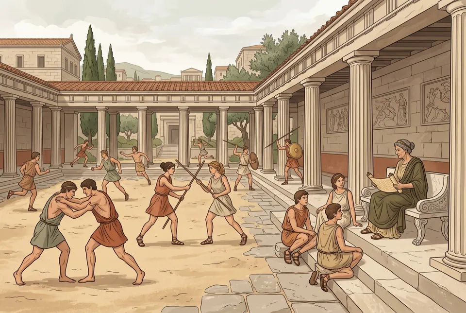 Illustration of young women and men wrestling and training together in a gymnasium courtyard while a woman reads from a scroll