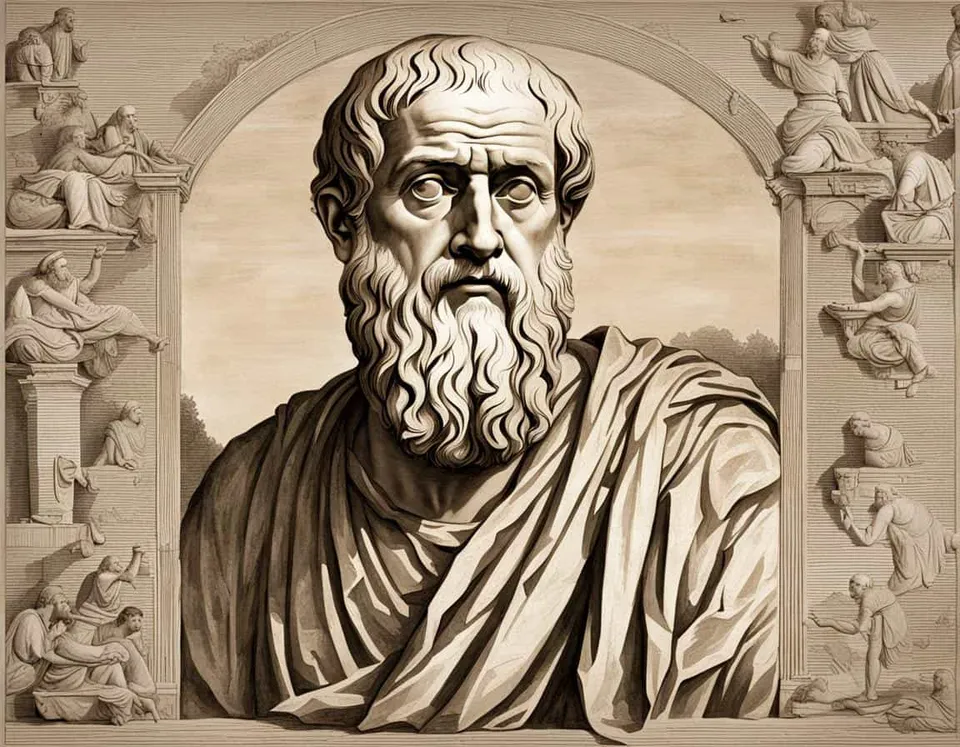 Philosophical illustration representing Top Philosophies that Shaped Plato's Travel