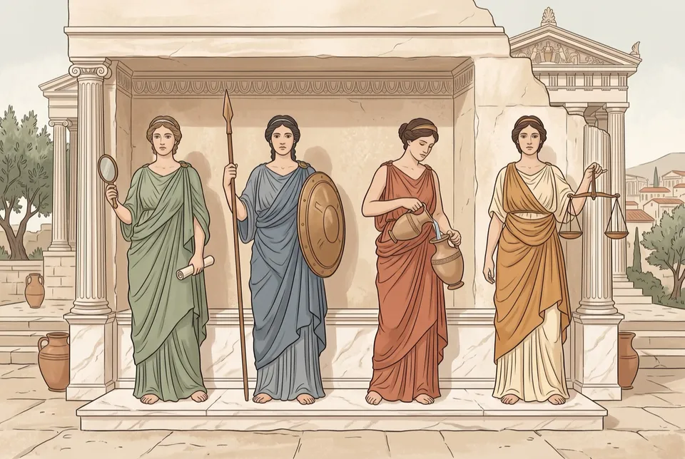 Cuatro figuras femeninas en un nicho clásico con un espejo, una lanza y escudo, dos vasijas y una balanza
