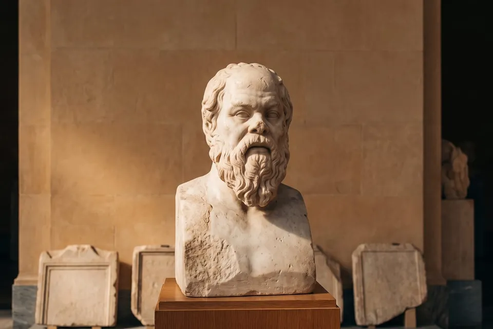Weathered marble bust of Socrates, partly eroded, standing on a plinth above fragmentary stone slabs