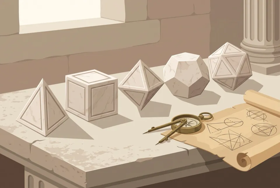 Illustration of the five Platonic solids carved in pale marble on a stone table beside a compass and a scroll of geometric diagrams