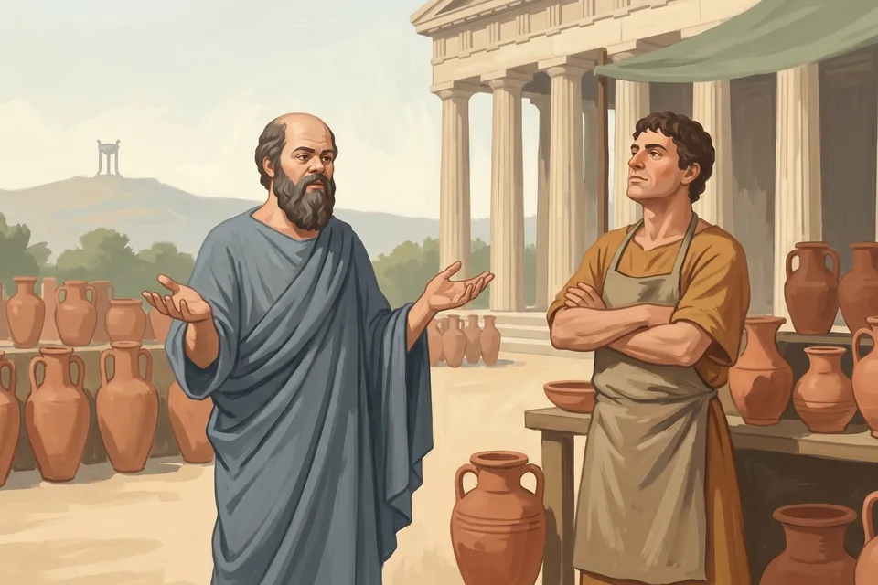 Ilustración clásica de Sócrates interrogando a un artesano ateniense seguro de sí mismo en el ágora