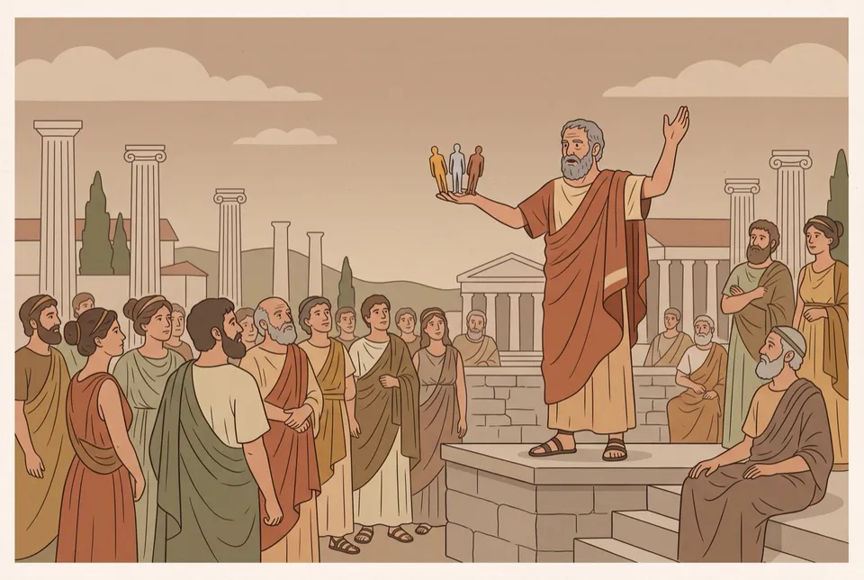 Illustration of an elder on a platform holding up gold, silver and bronze figurines before a crowd of citizens