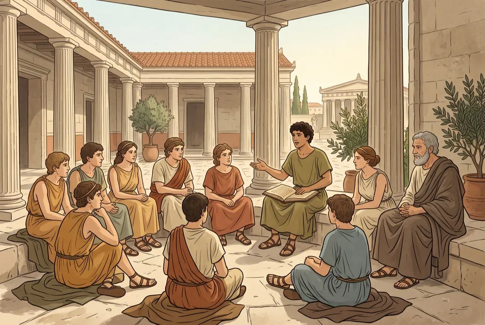 Illustration of young students seated in a circle in a sunlit courtyard as one speaks from an open book and an old teacher listens