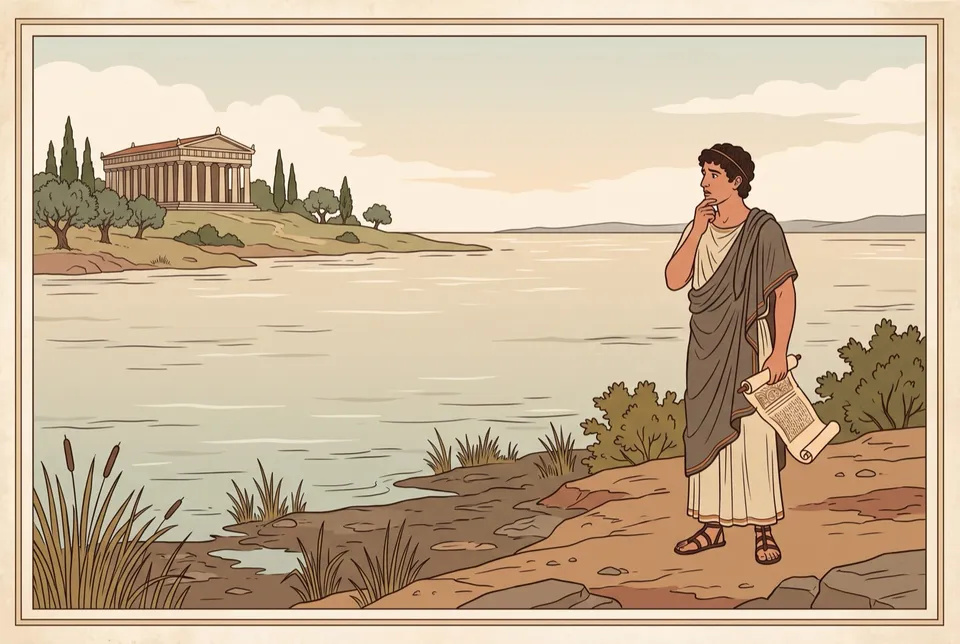 Illustration of a puzzled young Greek man holding a scroll at the edge of a wide river with no way across, a temple on the far shore