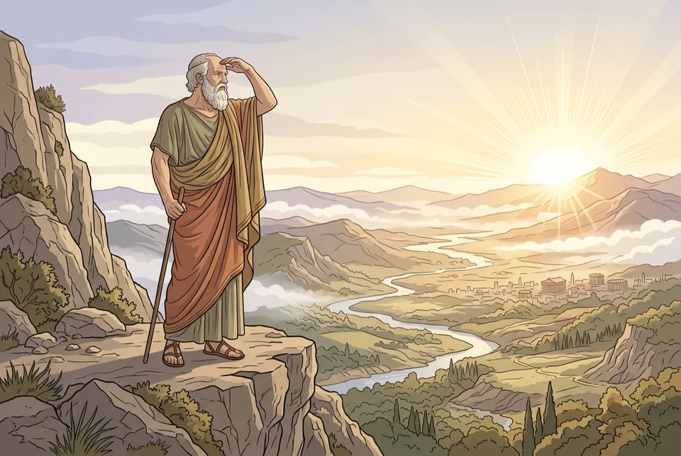 Illustration of an old philosopher on a mountain ledge shading his eyes towards a brilliant rising sun over a valley