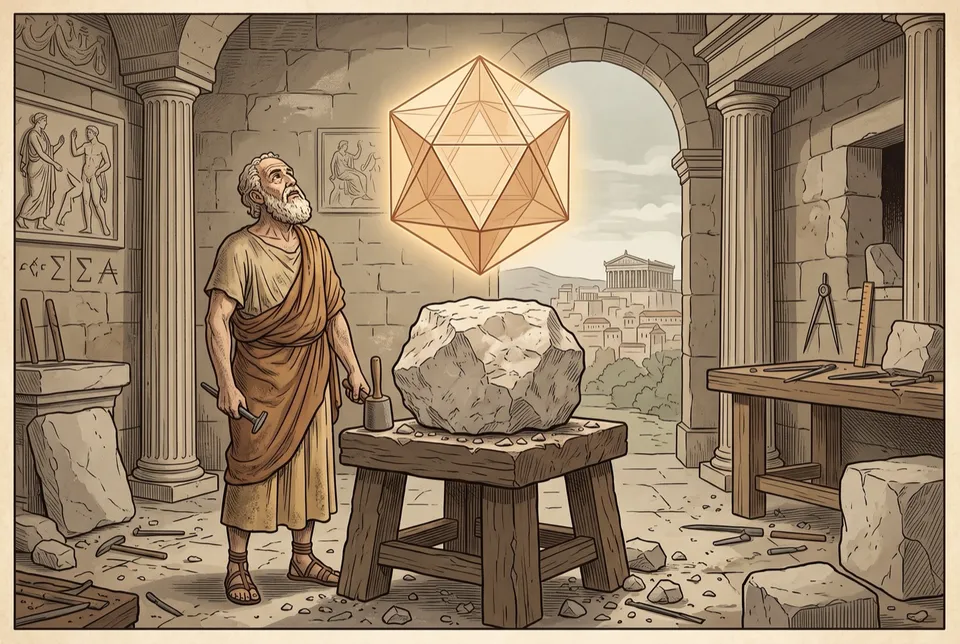 Illustration of an old sculptor looking up from a rough block of stone to a glowing geometric form floating above it