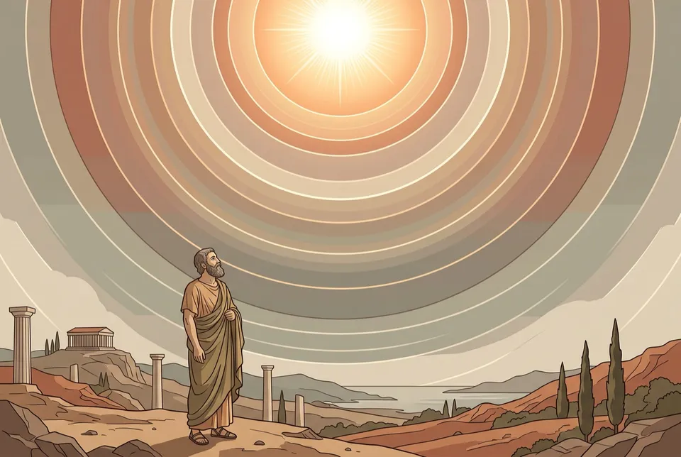 Illustration of a philosopher on a hillside gazing up at a radiant light with concentric rings of light descending towards the earth