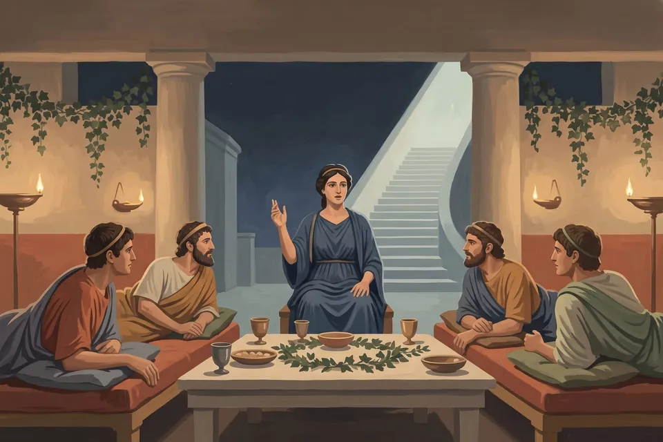 Pintura clásica de Diotima hablando en el banquete mientras los comensales escuchan