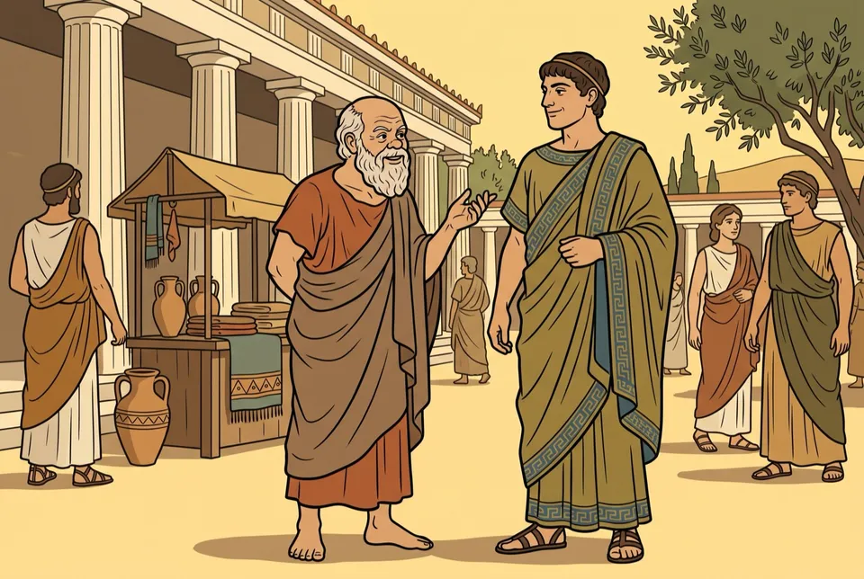 Illustration of an old, barefoot Socrates smiling and gesturing as he questions a confident young Athenian in a busy agora