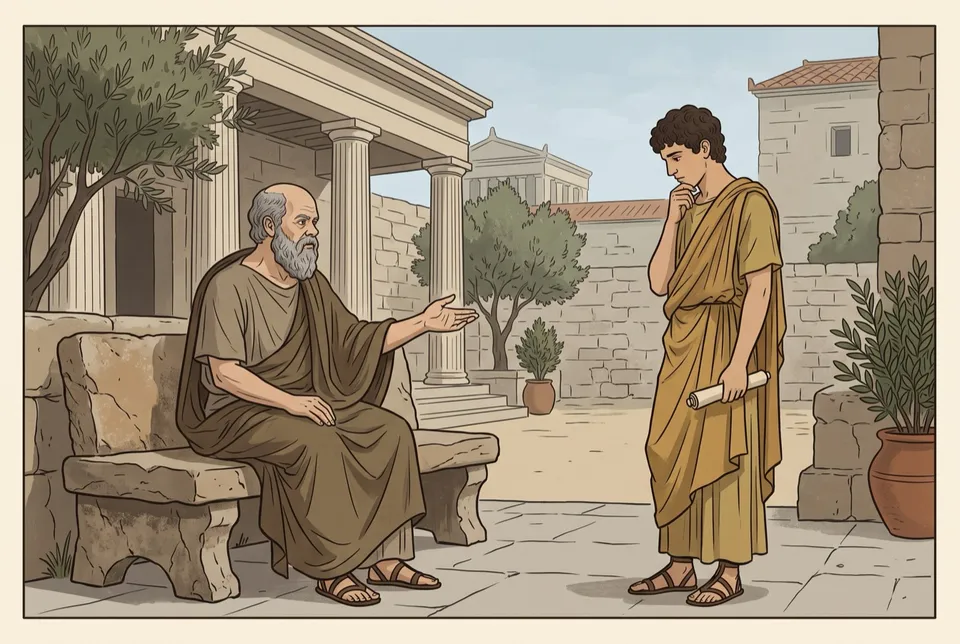 Illustration of Socrates on a stone bench asking a question with an open hand as a young student stops to think