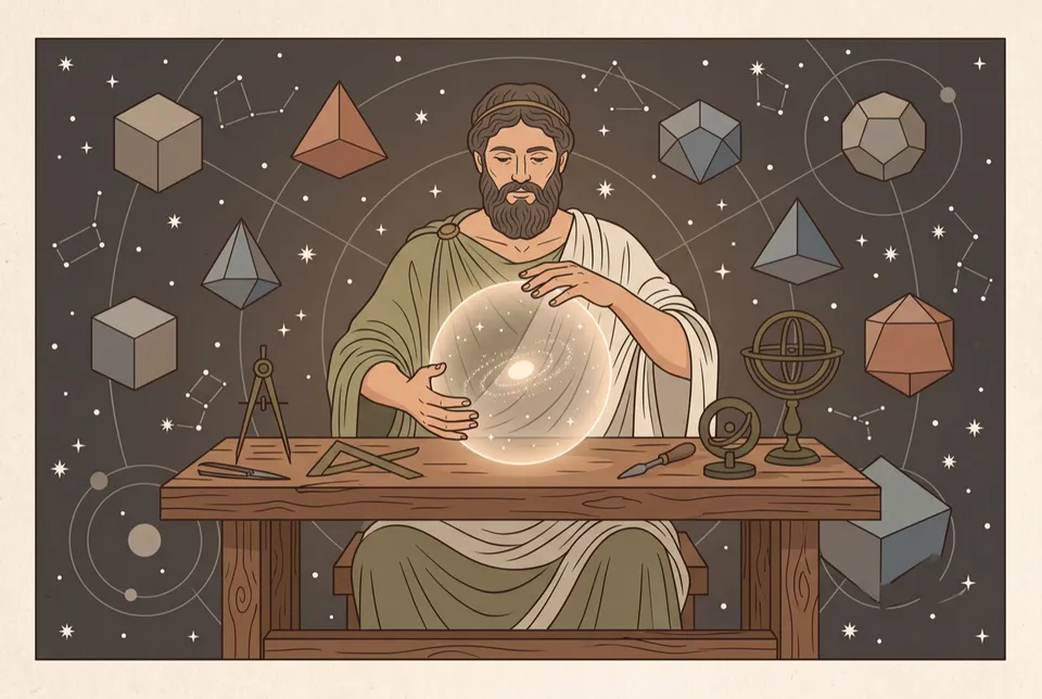 Illustration of a bearded craftsman at a workbench cupping a glowing sphere of the cosmos, surrounded by stars and floating geometric solids