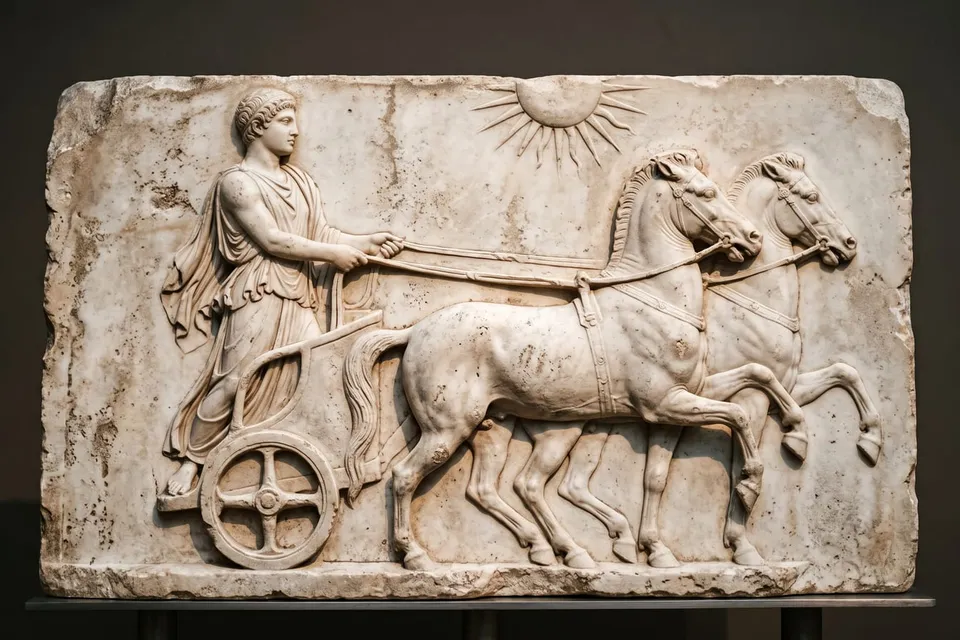 Greek marble relief of a composed charioteer holding the reins of two horses beneath a carved sun