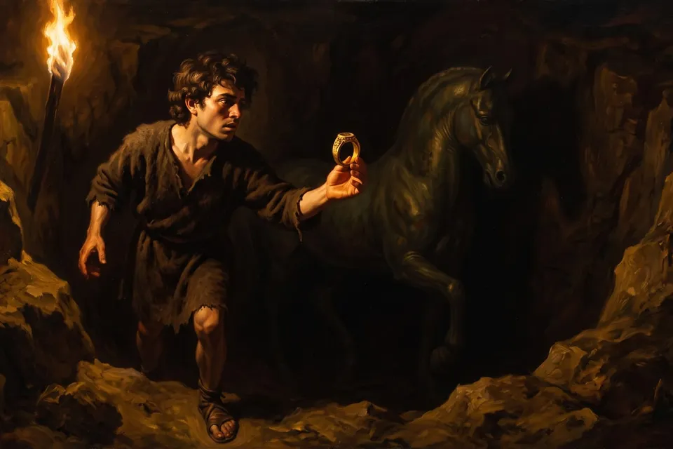 Classical painting of a shepherd in a torchlit chasm holding up a golden ring, a bronze horse behind him in shadow