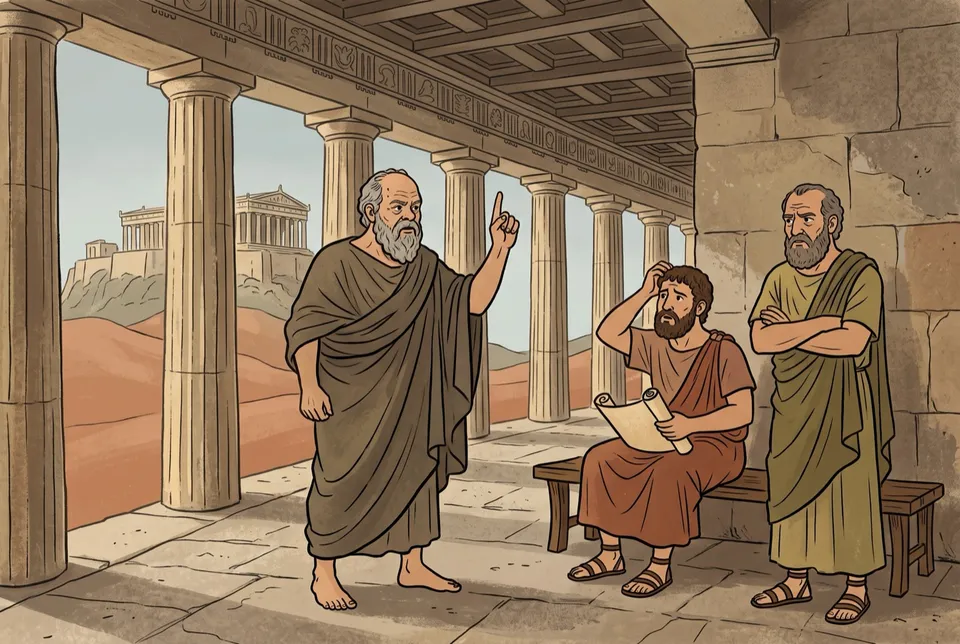 Illustration of a barefoot Socrates raising one finger to make a point to two doubtful Athenian men in a stoa, the Acropolis behind