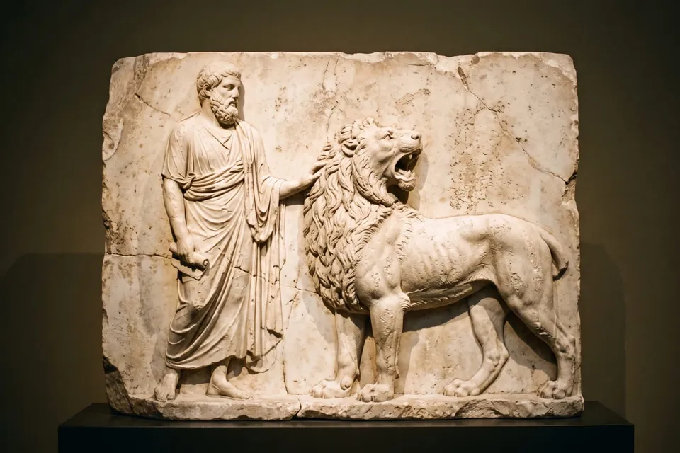 Greek marble relief of a robed philosopher resting his hand on the mane of a roaring lion standing beside him