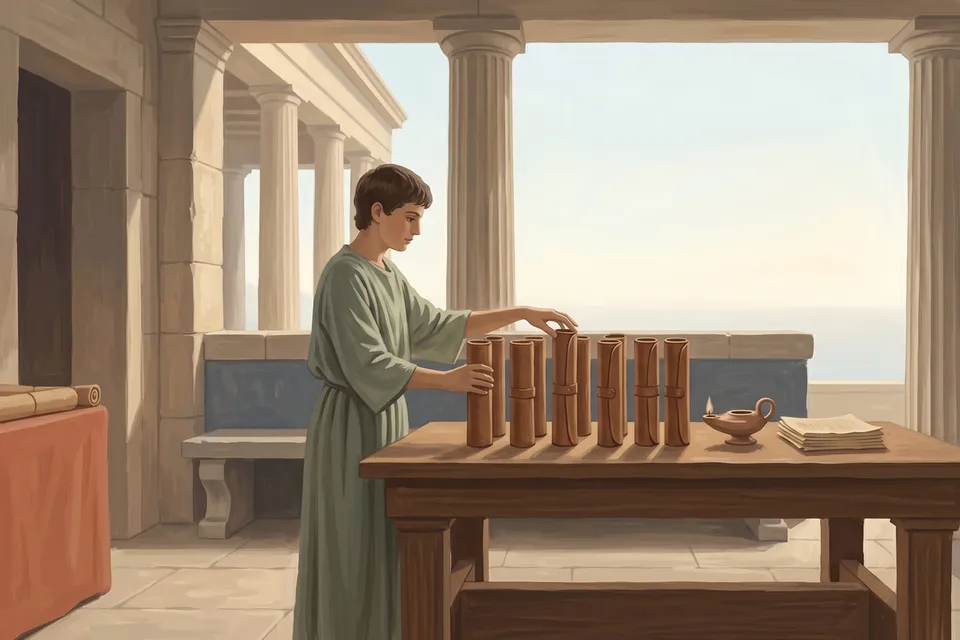 Classical illustration of a reader choosing the first of a row of Plato's dialogues from a scholar's table