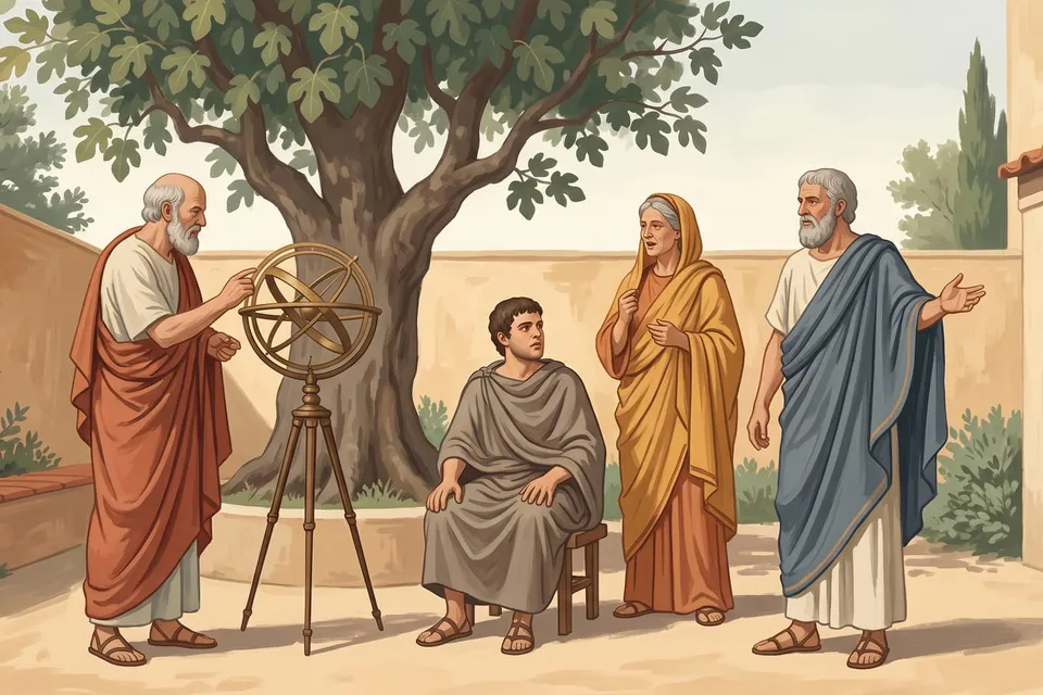 Classical illustration of a young Socrates seated among the teachers who instructed him