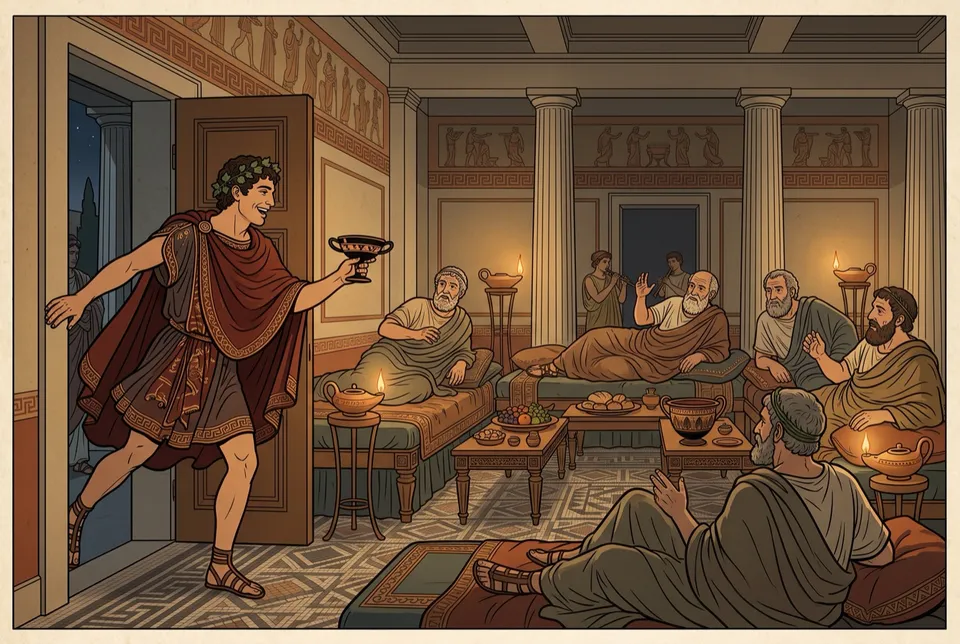 Illustration of a young man in an ivy crown bursting into a lamplit banquet with a wine cup as reclining guests look up