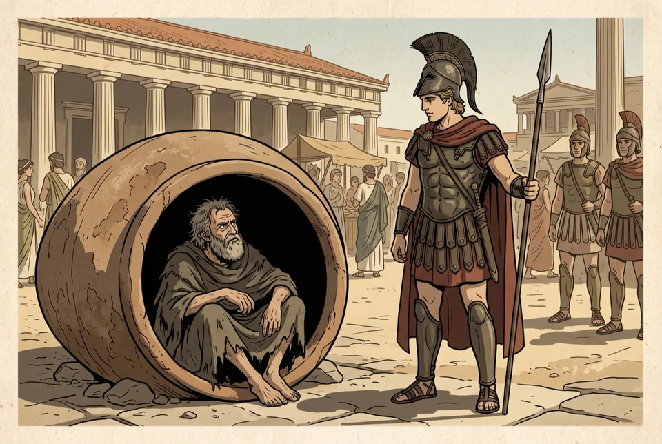 Illustration of a ragged old man sitting in a large clay jar in an agora, looking up at a young king in armour who stands over him