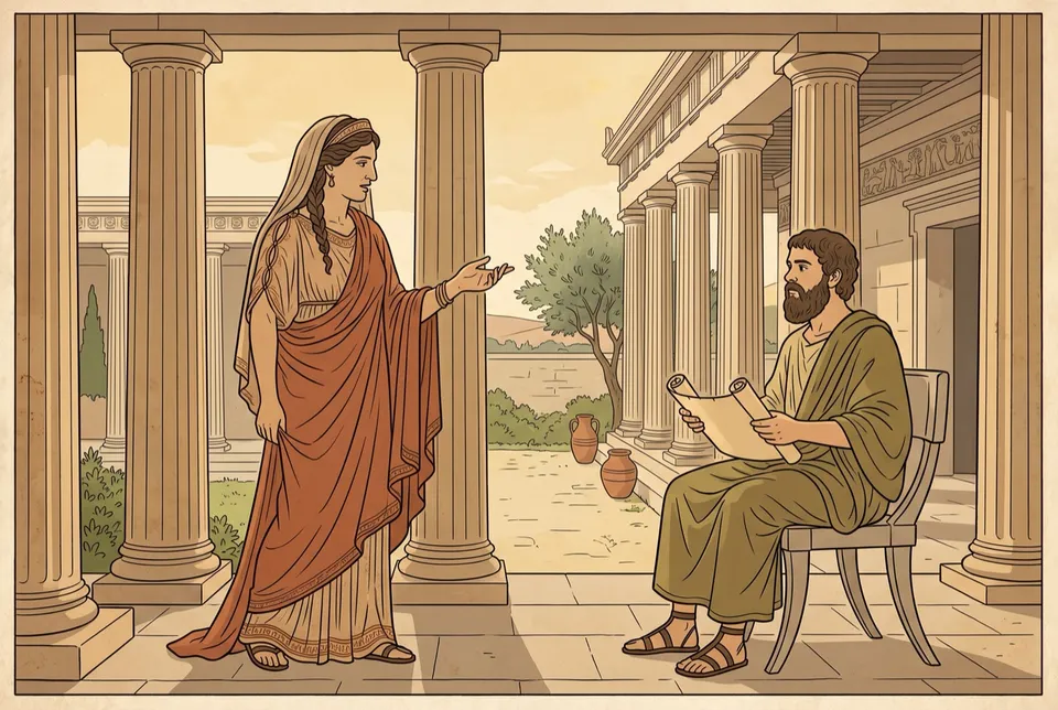 Illustration of Diotima in a red robe and veil speaking to a seated, bearded Socrates holding a scroll in a sunlit colonnade
